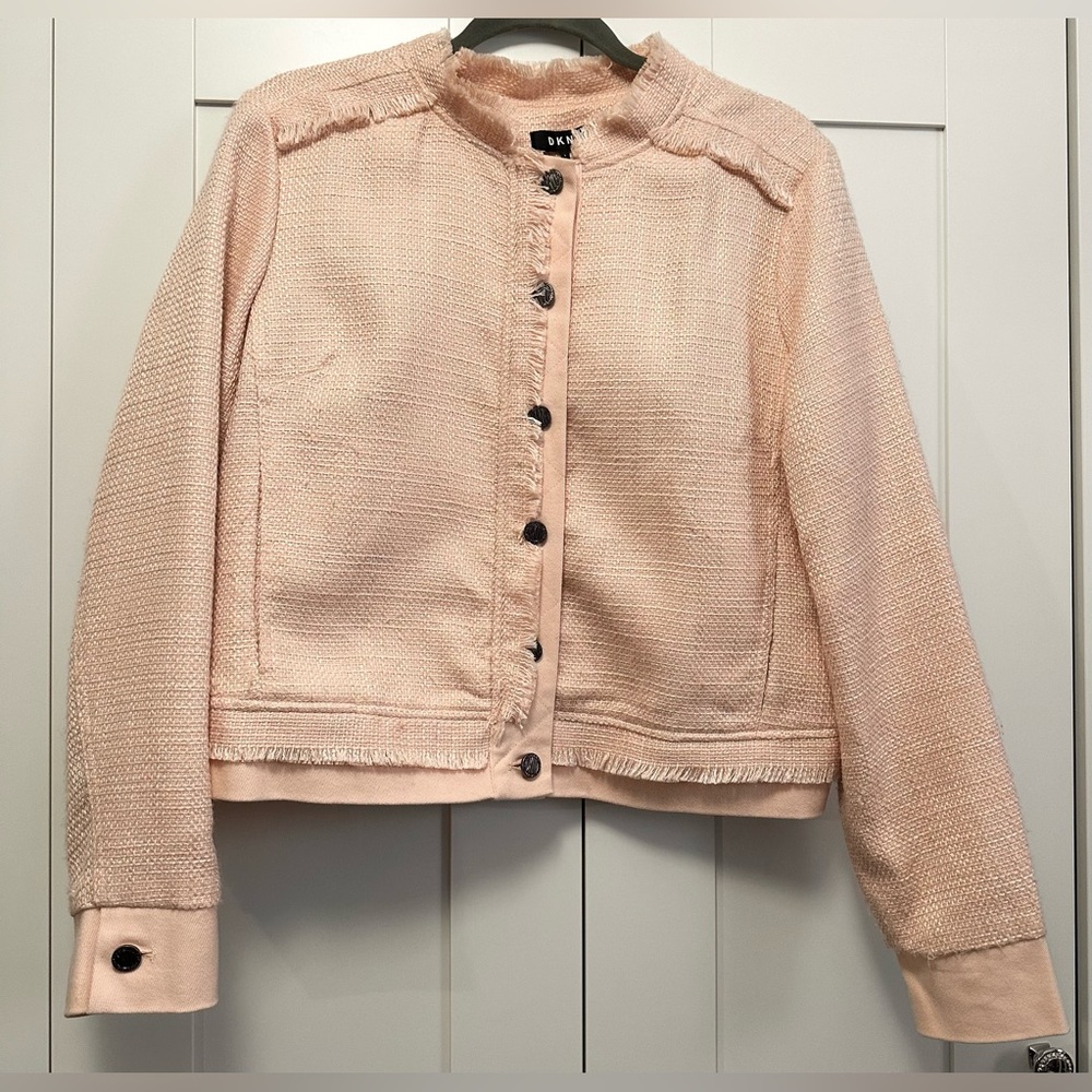 DKNY Light Pink Tweed Textured Button Front Jacket Sz LG